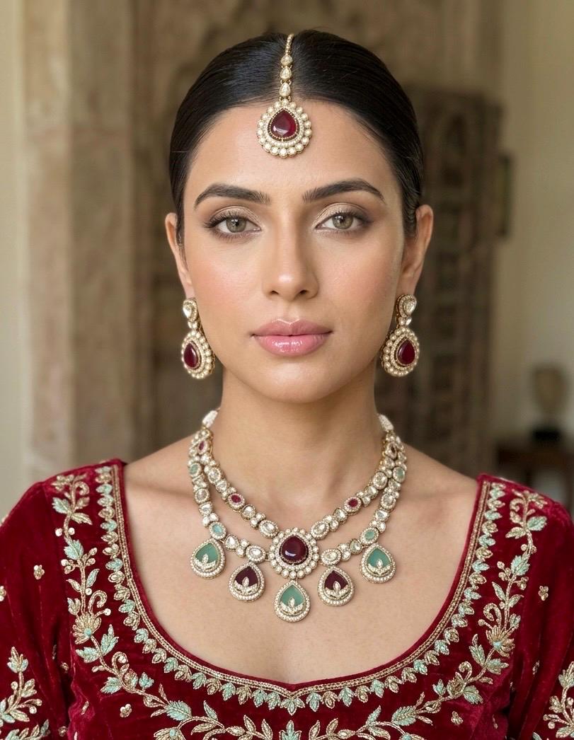 VANISHA mint ruby kundan and moissanite replica necklace set with maangtika ,Indian Pakistani wedding jewelry in antique golden polish