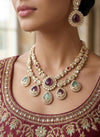 VANISHA mint ruby kundan and moissanite replica necklace set with maangtika ,Indian Pakistani wedding jewelry in antique golden polish