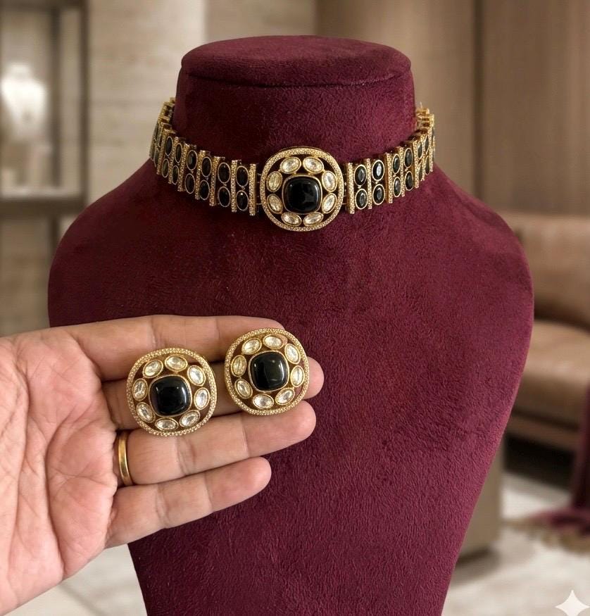 KAYNA black kundan choker necklace set with matching studs ,Indian Pakistani black colour traditional and festive jewelery