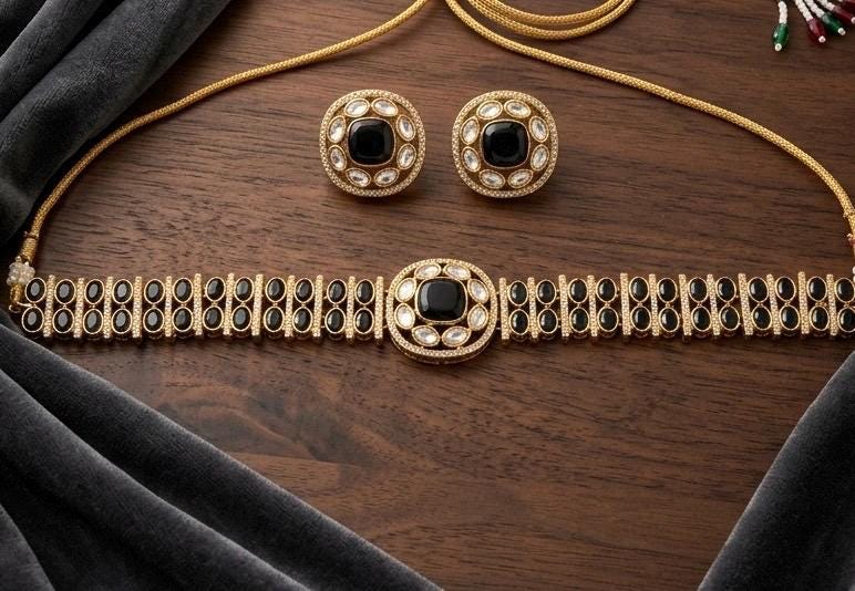 KAYNA black kundan choker necklace set with matching studs ,Indian Pakistani black colour traditional and festive jewelery