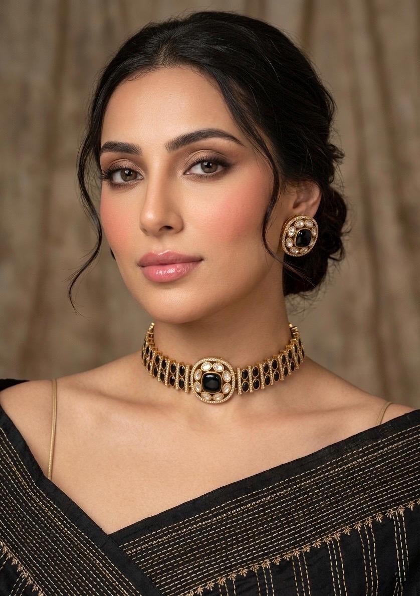KAYNA black kundan choker necklace set with matching studs ,Indian Pakistani black colour traditional and festive jewelery