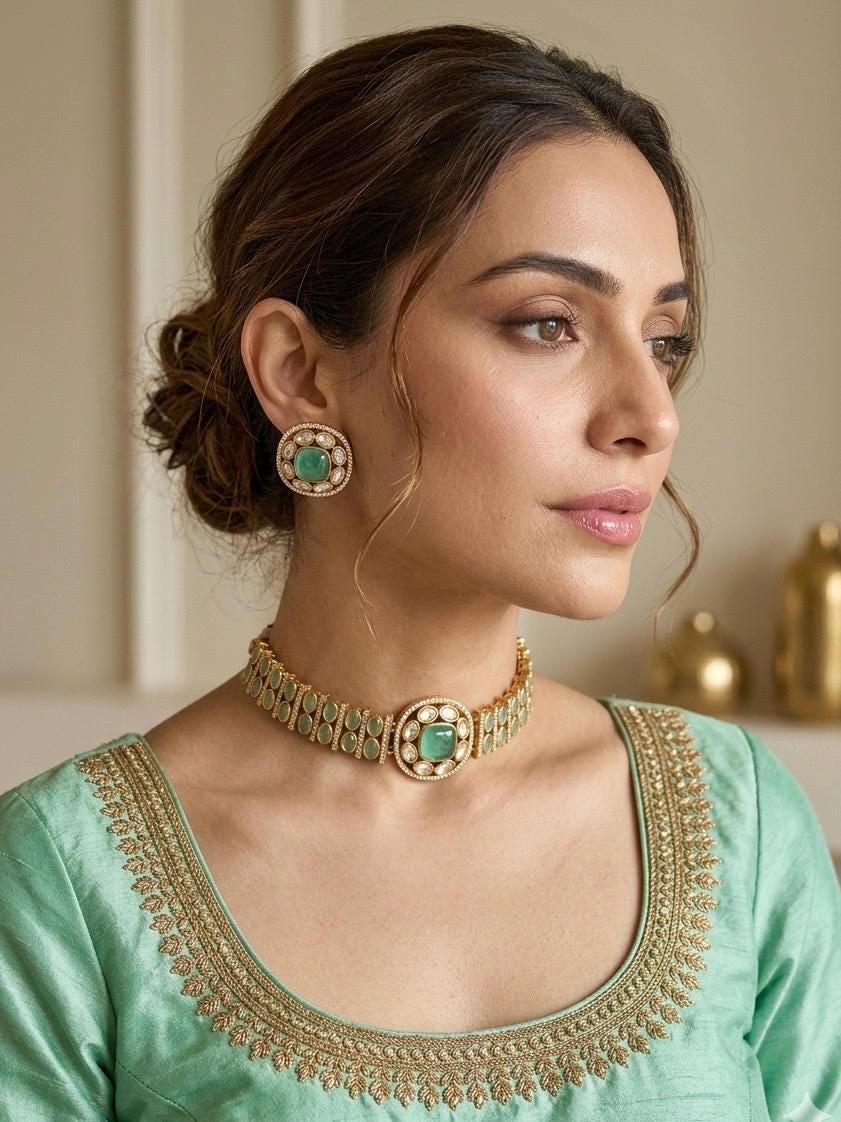KAYNA Mint kundan choker necklace set with matching earrings ,Indian Pakistani mint colour wedding and festive jewelery