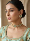 KAYNA Mint kundan choker necklace set with matching earrings ,Indian Pakistani mint colour wedding and festive jewelery