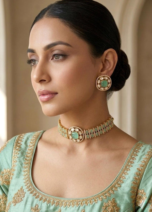 KAYNA Mint kundan choker necklace set with matching earrings ,Indian Pakistani mint colour wedding and festive jewelery