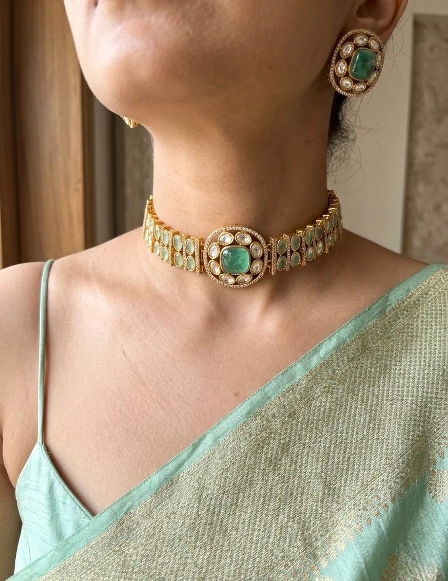 KAYNA Mint kundan choker necklace set with matching earrings ,Indian Pakistani mint colour wedding and festive jewelery