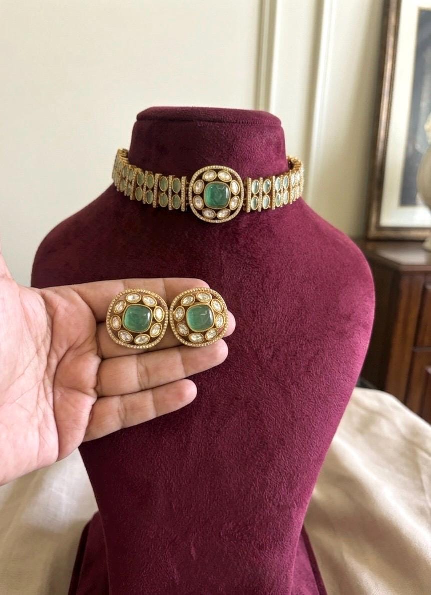KAYNA Mint kundan choker necklace set with matching earrings ,Indian Pakistani mint colour wedding and festive jewelery