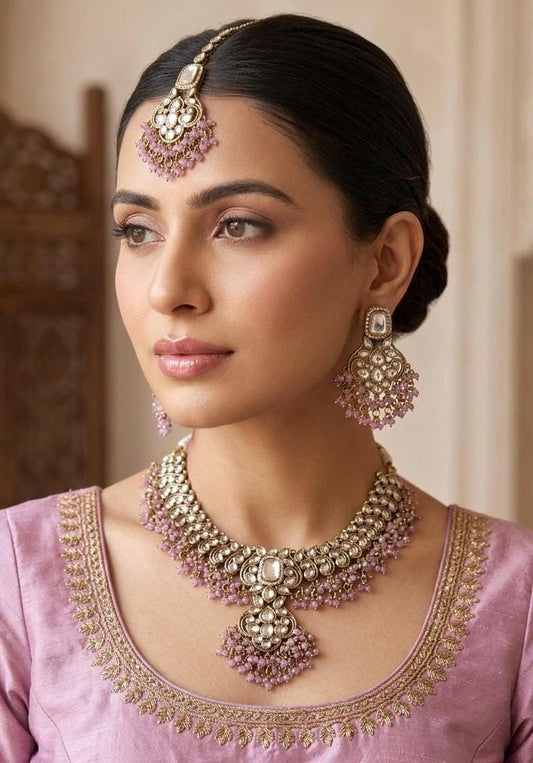 SHAINA Lavender pink Kundan necklace set with Maangtika, Indian Pakistani traditional wedding bridal jewelry