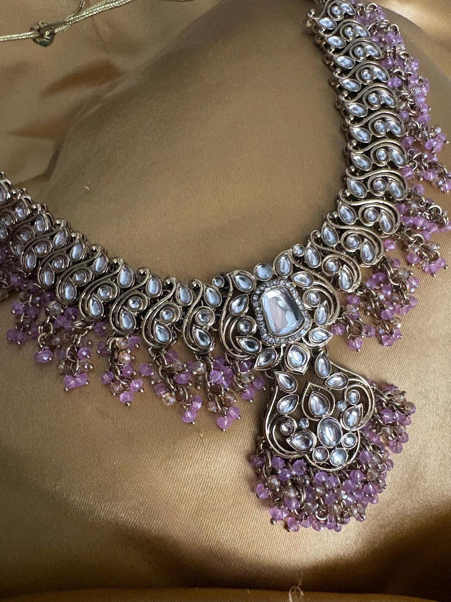 SHAINA Lavender pink Kundan necklace set with Maangtika, Indian Pakistani traditional wedding bridal jewelry