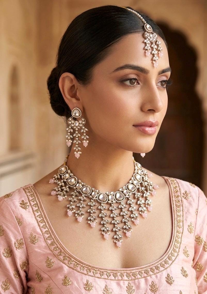 ZUBAIRA Light Pink kundan necklace  set in Victorian style, Indian Pakistani wedding bridal jewellery, Maangtika included