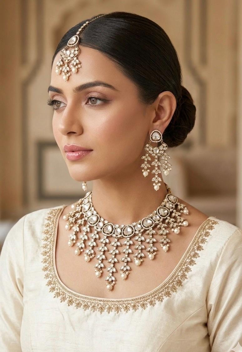 ZUBAIRA Ivory white kundan necklace  set in Victorian style antique polish , Indian Pakistani wedding bridal jewellery, Maangtika included