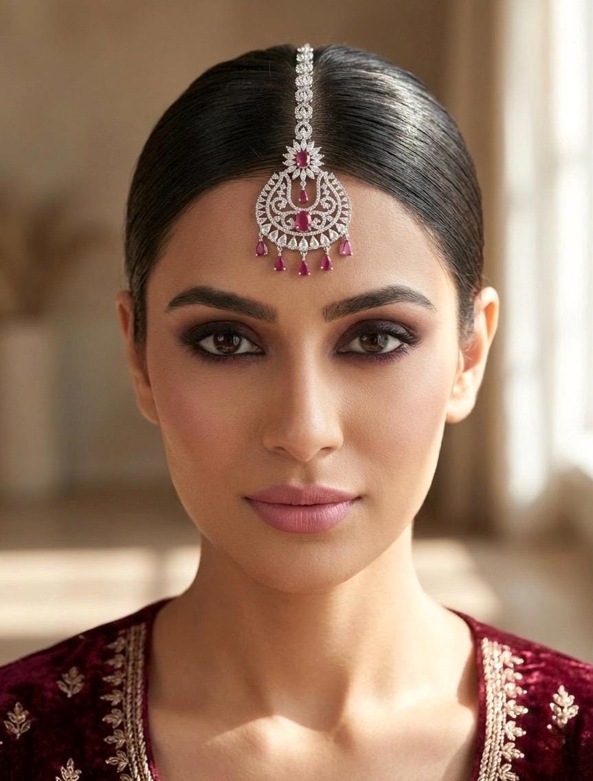 MISHA Diamond look Maang tikka in ruby red /Indian Jewellery/ Pakistani Wedding Bridal CZ  maangtika/head hair accessories/ head gear