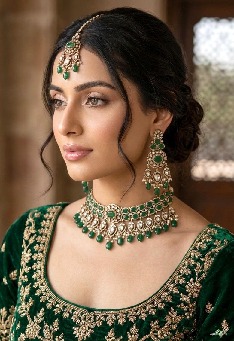 PARINAZ Emerald green Premium quality Moissanite and kundan Necklace set, Indian Pakistani wedding bridal uncut polki jewelry with maangtika