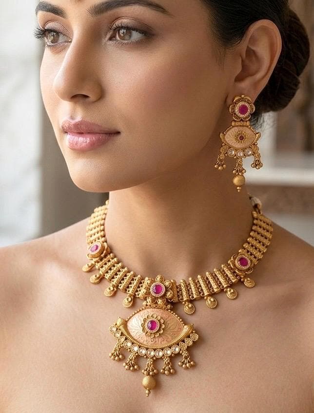 ADVIKA Gold tone Rajwadi jewellery South Indian jewelry,meenakari necklace earrings, Indian ruby stones golden jewelry, kempu temple jewelry