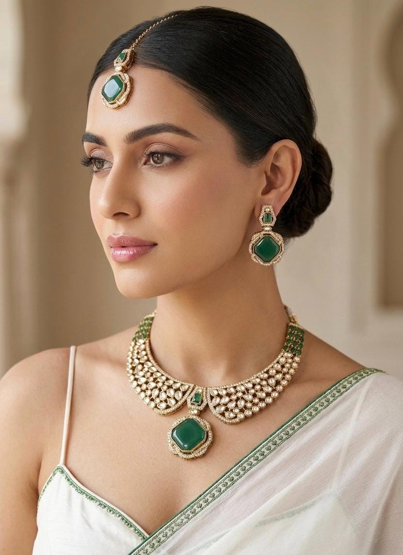 ROHIKA Emerald green colour hasli style kundan necklace set with maangtika, Indian  pakistani traditional and festive jewelery