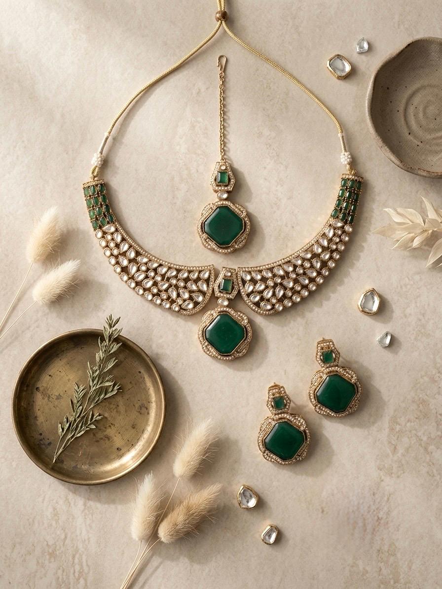 ROHIKA Emerald green colour hasli style kundan necklace set with maangtika, Indian  pakistani traditional and festive jewelery
