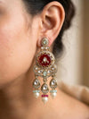 TAIMA Royal look Ruby red and mint enamel and pearl chandbali earrings, Indian Pakistani meenakari jewelry