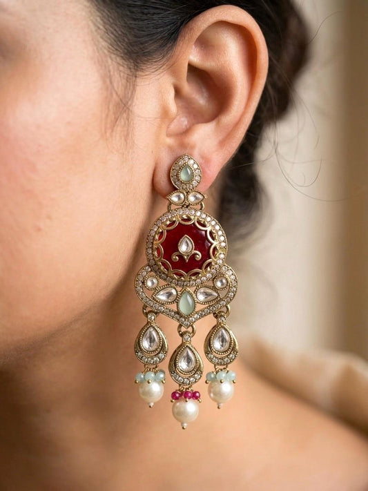 TAIMA Royal look Ruby red and mint enamel and pearl chandbali earrings, Indian Pakistani meenakari jewelry