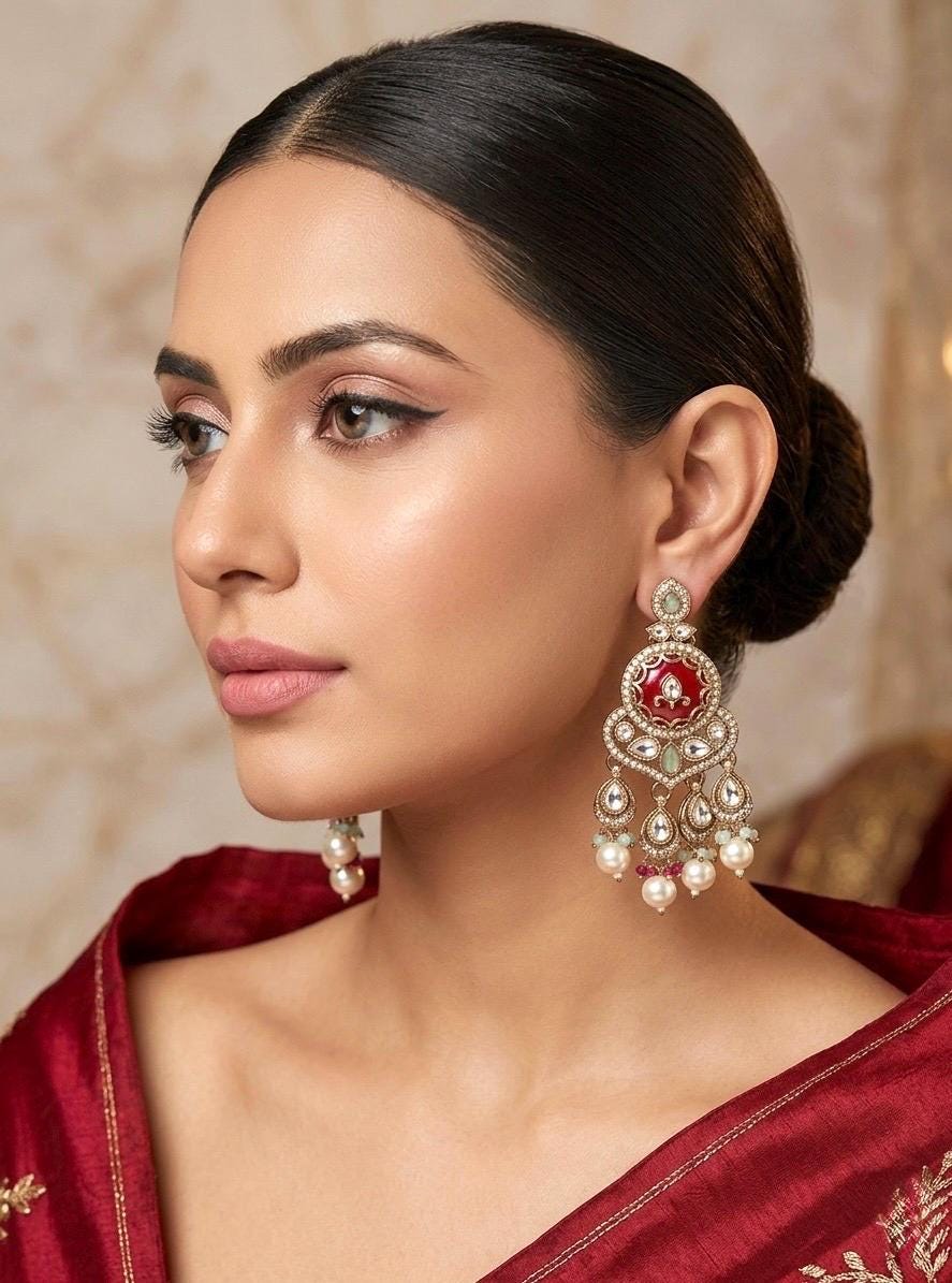 TAIMA Royal look Ruby red and mint enamel and pearl chandbali earrings, Indian Pakistani meenakari jewelry