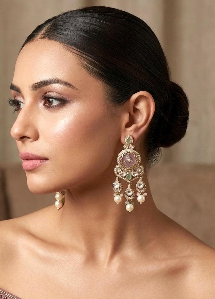 TAIMA Royal look mint pink and golden enamel and pearl chandbali earrings, Indian Pakistani meenakari jewelry