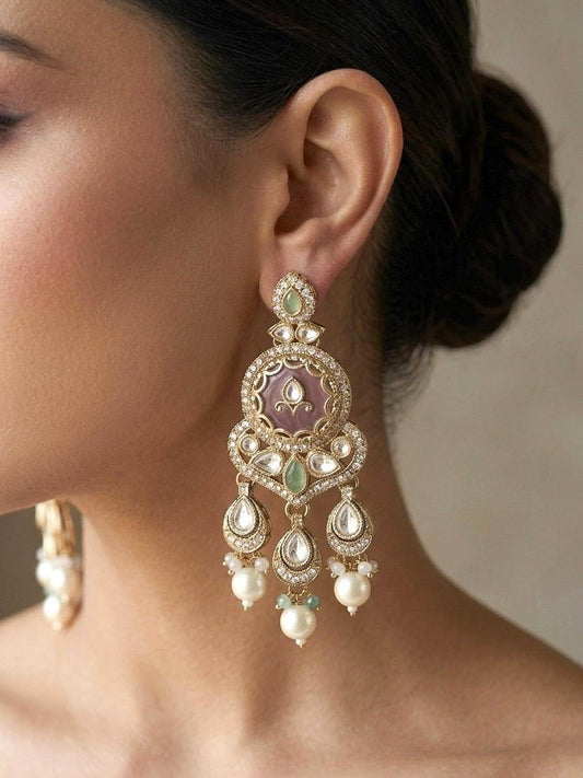 TAIMA Royal look mint pink and golden enamel and pearl chandbali earrings, Indian Pakistani meenakari jewelry