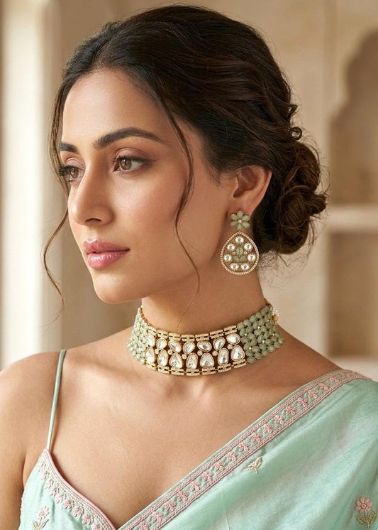 KUSUM Mint kundan and polki Choker necklace with matching earrings ,Indian Pakistani wedding and festive jewelry