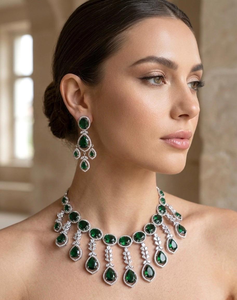 TANAAZ High quality Emerald green necklace earrings, real diamond look cz zircon prom  jewelry, green and silver polish wedding necklace set