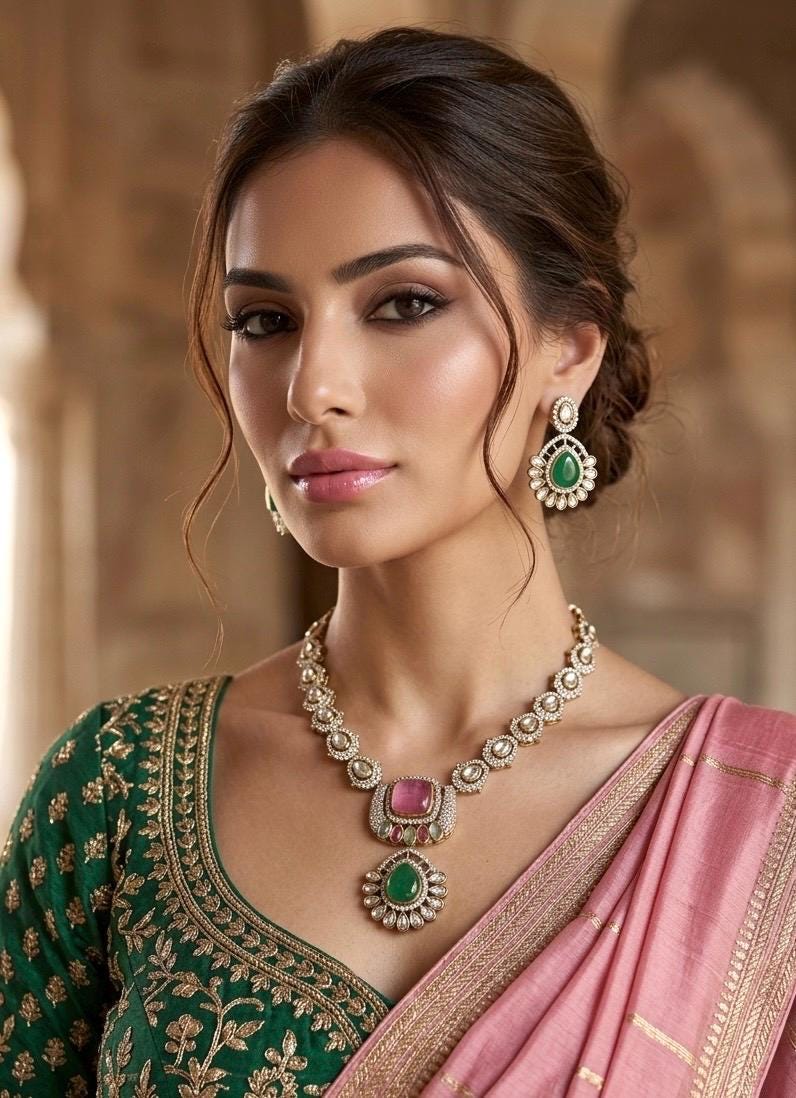 SNEHA Emerald Green and Pink Necklace and earrings set in Victorian polish,Indian Pakistani traditional kundan jewelry
