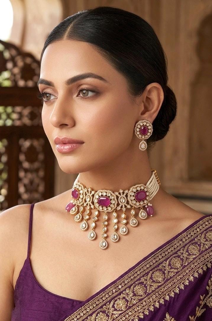 SABREEN Purple Victorian style Sabyasachi uncut polki choker set,Indian Bridal jewelry ,Cz  Necklace Set,pakistani jewellery,wedding jewelry