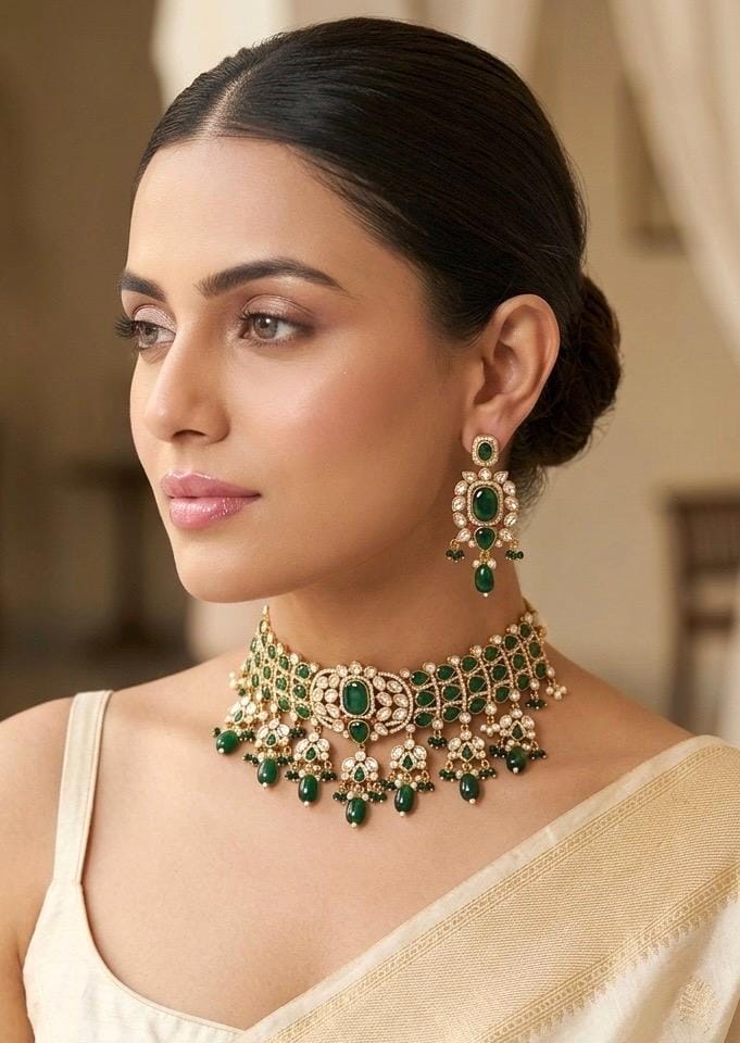 IVARA Emerald green kundan choker necklace set,Indian Pakistani green colour wedding bridal and festive jewelery