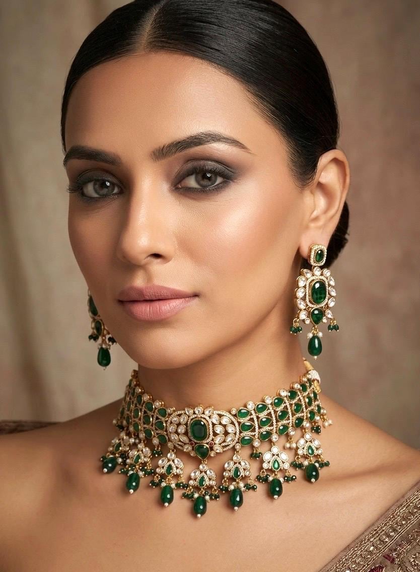 IVARA Emerald green kundan choker necklace set,Indian Pakistani green colour wedding bridal and festive jewelery
