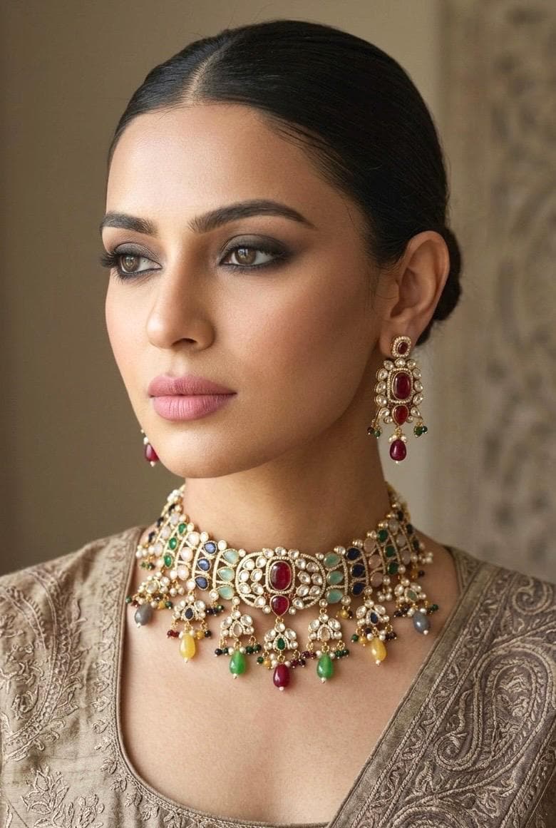 IVARA Multicoloured kundan choker necklace set,Indian Pakistani Navratna wedding bridal and festive jewelery