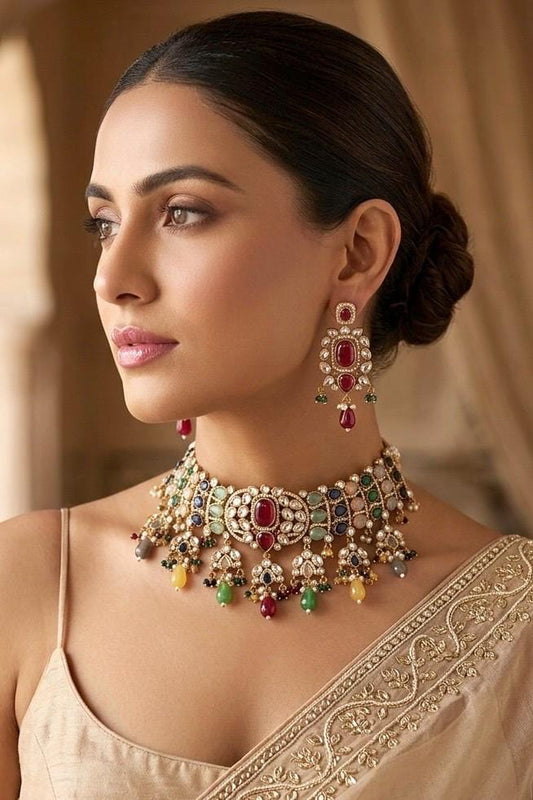IVARA Multicoloured kundan choker necklace set,Indian Pakistani Navratna wedding bridal and festive jewelery