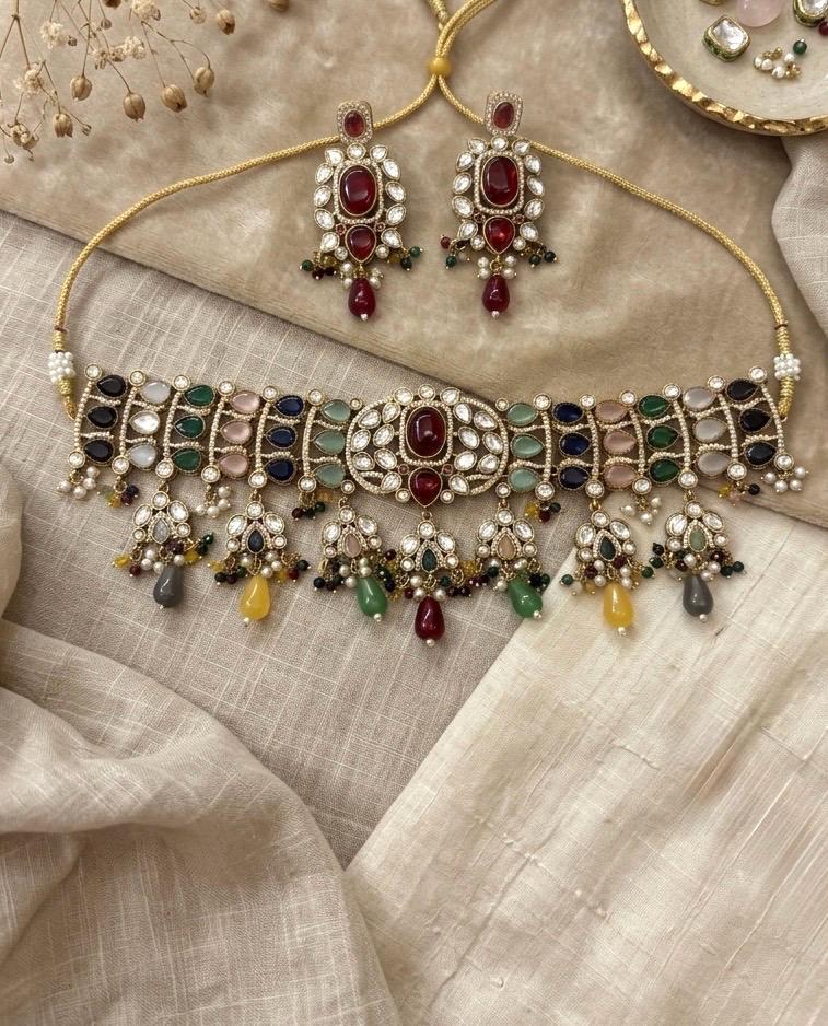 IVARA Multicoloured kundan choker necklace set,Indian Pakistani Navratna wedding bridal and festive jewelery