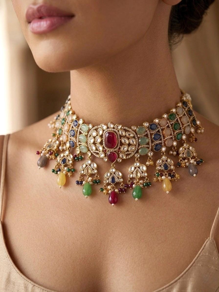 IVARA Multicoloured kundan choker necklace set,Indian Pakistani Navratna wedding bridal and festive jewelery