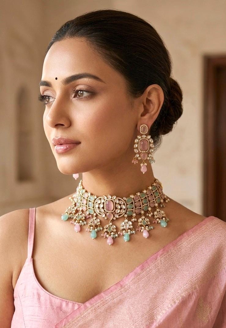 IVARA Pink mint kundan choker necklace set,Indian Pakistani pink mint colour wedding bridal and festive jewelery