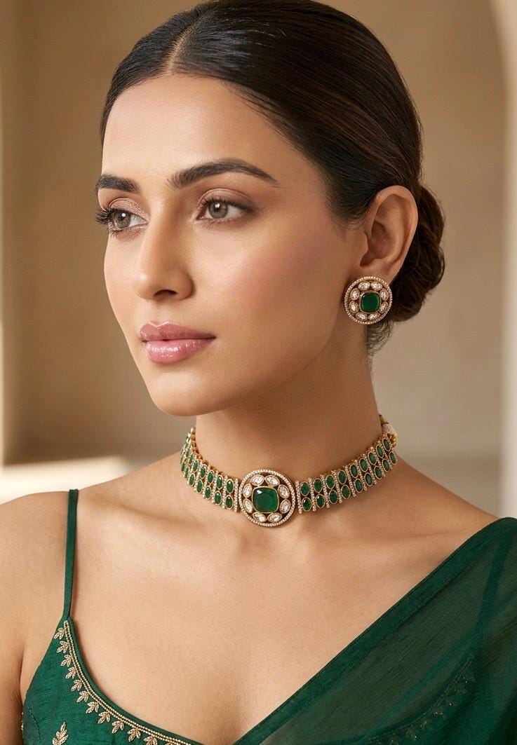 KAYNA Emerald green kundan choker necklace set,Indian Pakistani green colour wedding bridal and festive jewelery