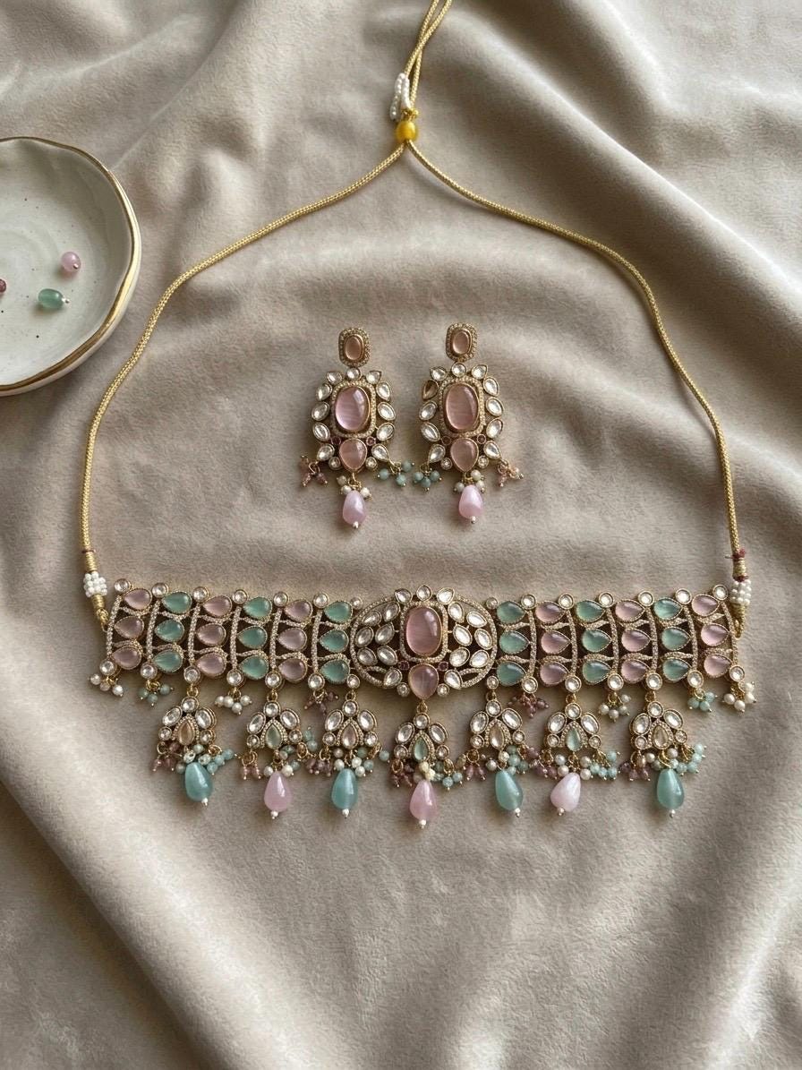 IVARA Pink mint kundan choker necklace set,Indian Pakistani pink mint colour wedding bridal and festive jewelery