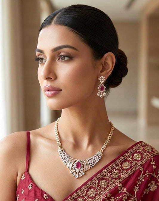 SAHAR Ruby cz Real diamond look gold silver finish American Diamond Necklace Set/Pakistani bridal wedding jewelry,Indian  elegant jewellery