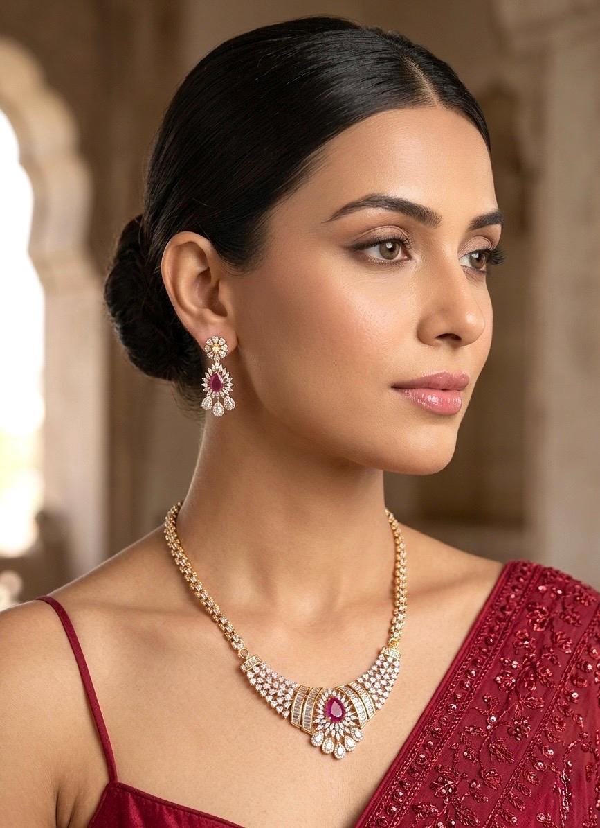 SAHAR Ruby cz Real diamond look gold silver finish American Diamond Necklace Set/Pakistani bridal wedding jewelry,Indian  elegant jewellery
