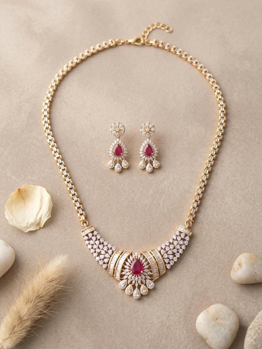 SAHAR Ruby cz Real diamond look gold silver finish American Diamond Necklace Set/Pakistani bridal wedding jewelry,Indian  elegant jewellery