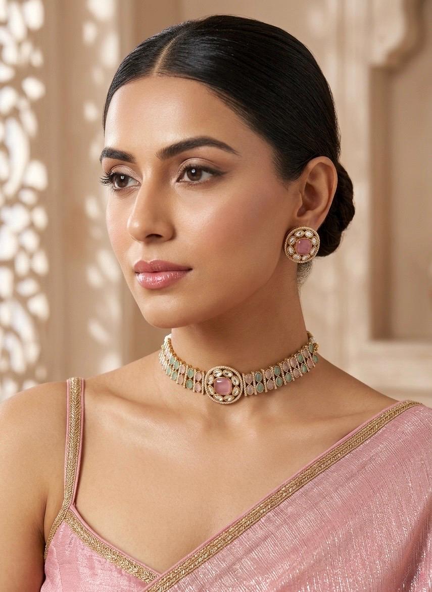 KAYNA Pink mint kundan choker necklace set with matching earrings ,Indian Pakistani wedding and festive jewelery