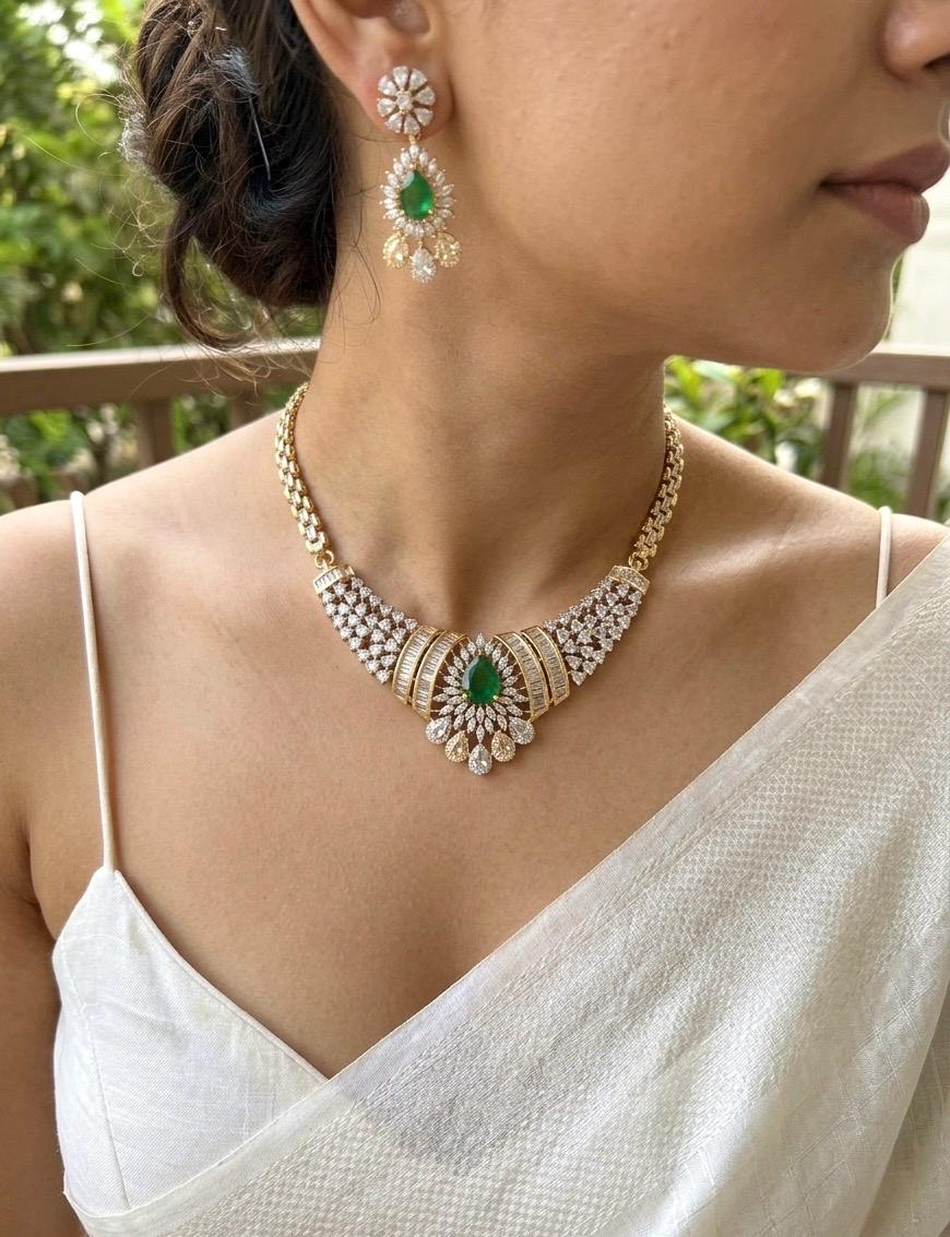 SAHAR Emerald Green cz Real diamond look gold silver finish American Diamond Necklace Set, Indian Pakistani  wedding and festive jewelry