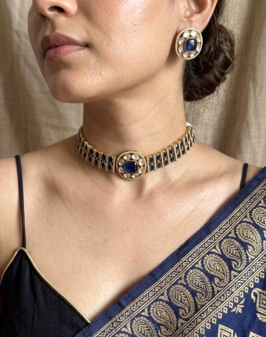 KAYNA Navy blue kundan choker necklace set,Indian Pakistani blue colour wedding bridal and festive jewelery