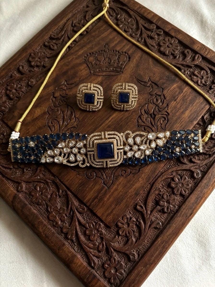 SHAZA navy blue kundan choker set in matt gold polish ,cz Indian Pakistani wedding and festive jewelry