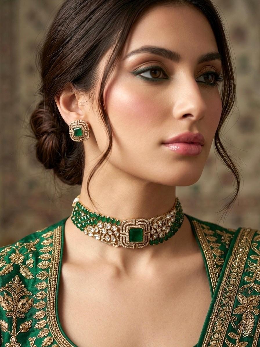 SHAZA Emerald green kundan choker set in matt gold polish ,cz Indian Pakistani wedding and festive jewelry