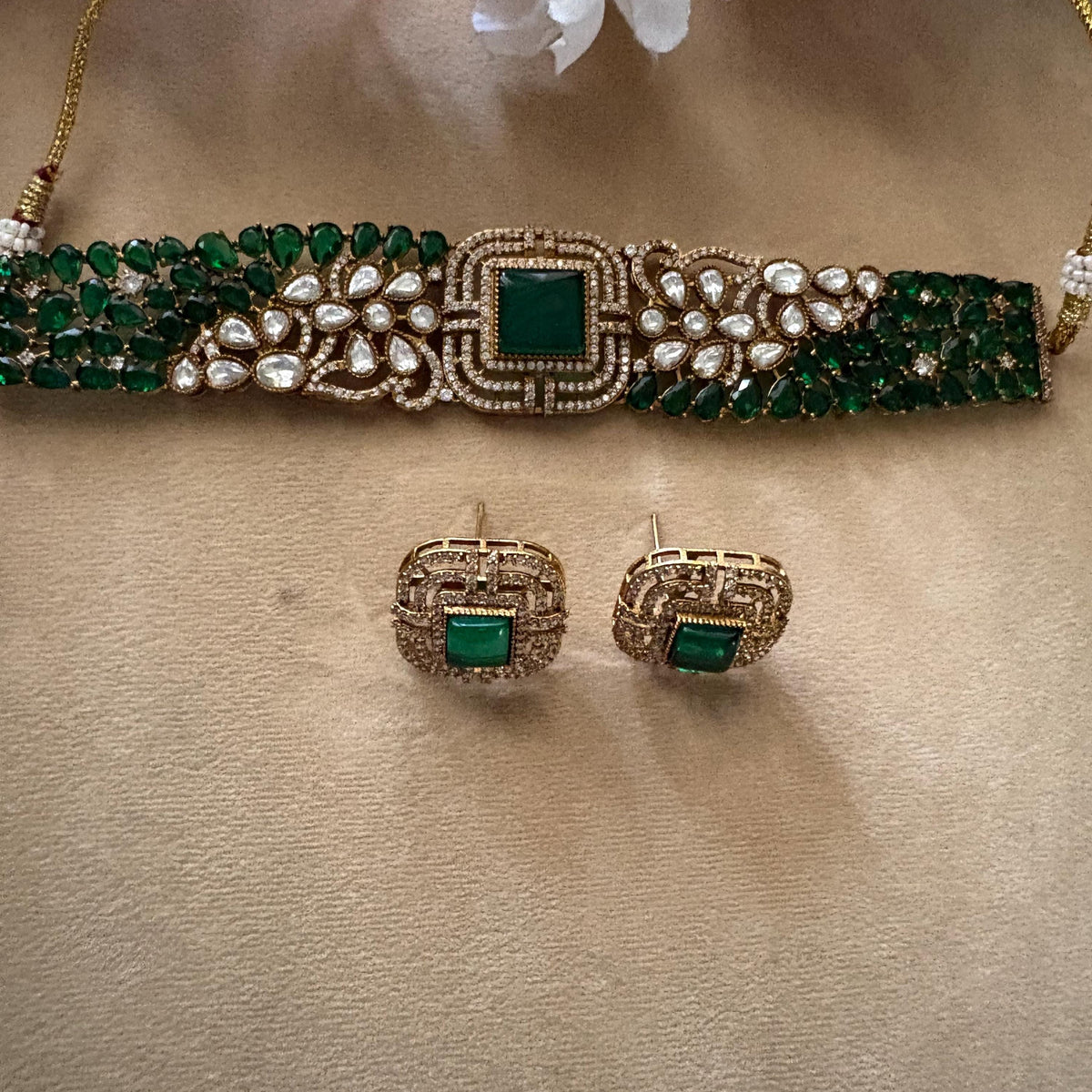 SHAZA Emerald green kundan choker set in matt gold polish ,cz Indian Pakistani wedding and festive jewelry