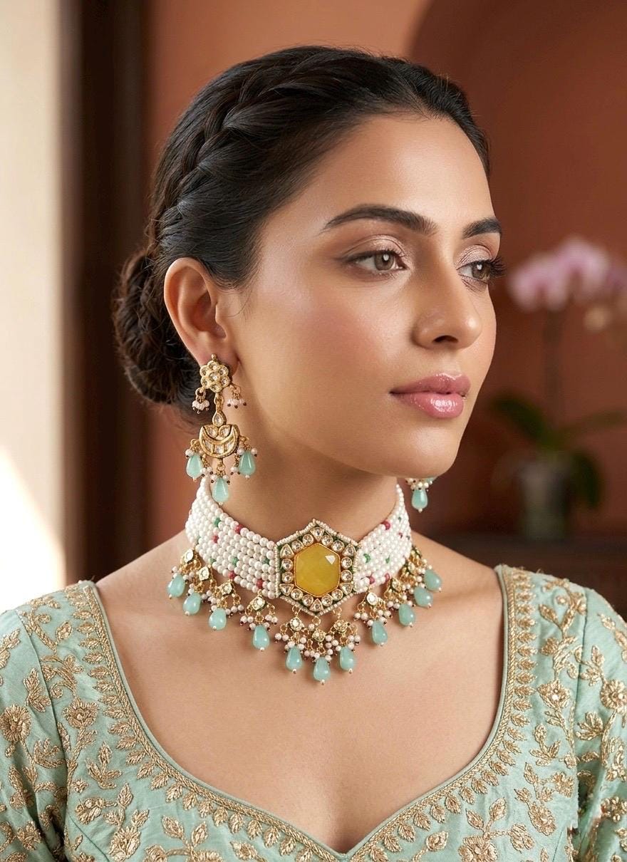 SIFAT Yellow blue Kundan choker set ,fusion jewelry, indian bollywood costume jewellery pakistani nikaah, bridal wedding necklace set