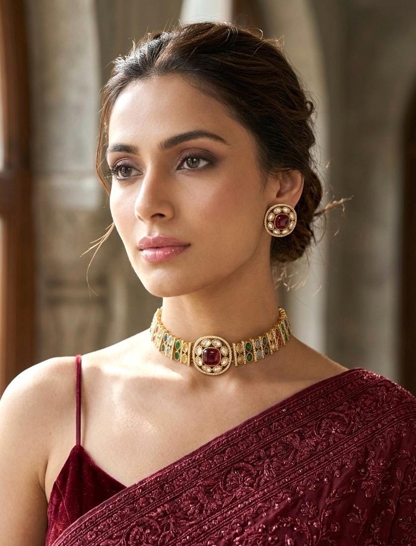 KAYNA Multicoloured kundan choker necklace set,Indian Pakistani Navratna traditional and festive jewelery