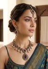 ZEYA Ruby red Kundan and cz zircon Choker necklace earrings and maangtika,Indian Pakistani traditional jewelery in Victorian style