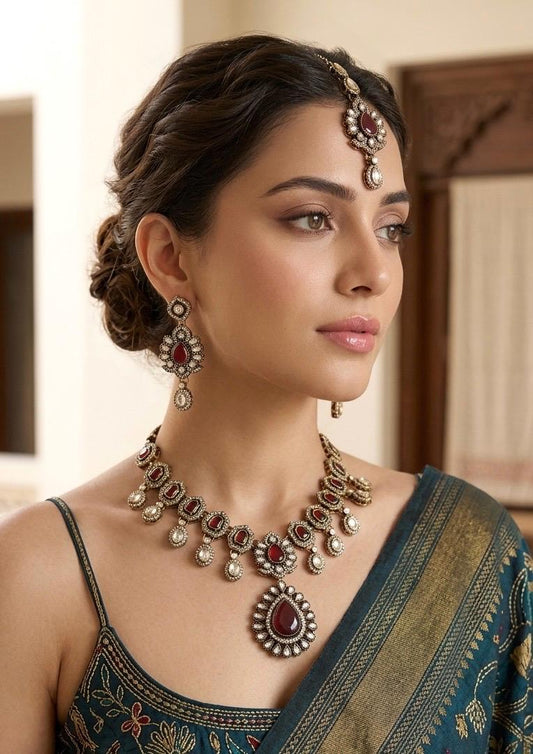 ZEYA Ruby red Kundan and cz zircon Choker necklace earrings and maangtika,Indian Pakistani traditional jewelery in Victorian style